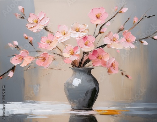 minimalist oil painting pink blossoms in grey vase on reflective surface muted grey beige background visible brushstrokes wallart greeting card spring theme