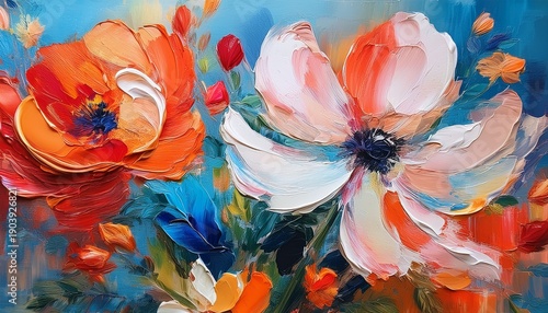 bold impasto flowers in orange red white pink with dark centers green foliage abstract blue cream orange background energetic modern wallart