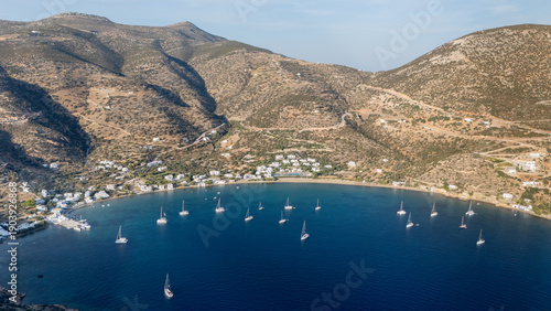 Aerial 4k view of the sheltered Vathi bay and sandy beach in Sifnos, Greece