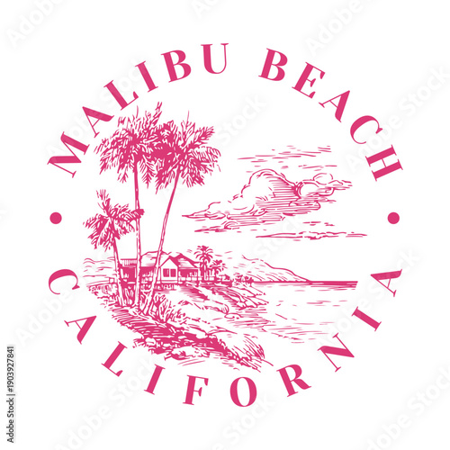 Malibu California Surfrider Beach Vintage Longboard Surf Culture Pacific Coast Highway Retro Vector Art
