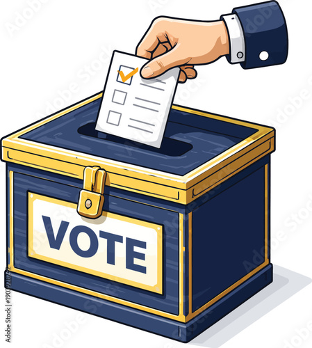 Hand putting ballot paper with checkmark into blue and gold vote box, vector illustration isolated on white