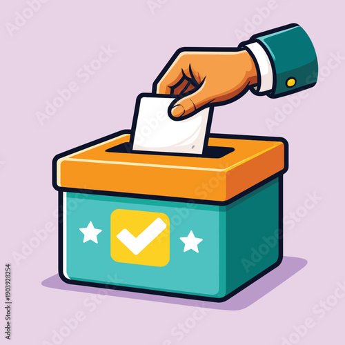 Vector cartoon hand putting ballot paper into election box with checkmark and stars, voting concept illustration isolated on white