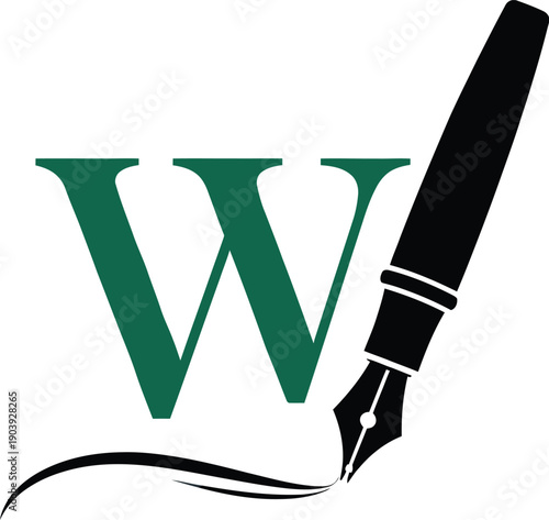 Vector black fountain pen with green letter W and ink stroke, writing icon, isolated on white