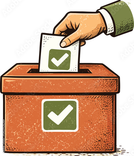 Hand putting ballot with green checkmark into brown vote box, vector illustration isolated on white