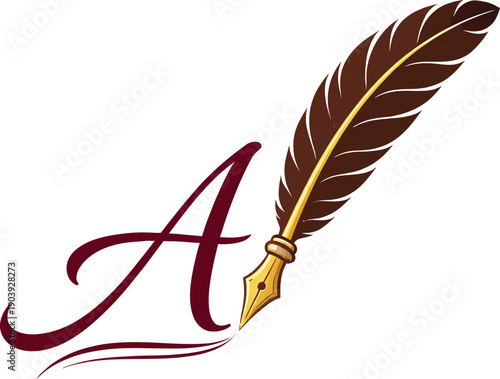 Vector quill pen with golden nib writing a stylized red letter A, calligraphy and writing concept, isolated on white