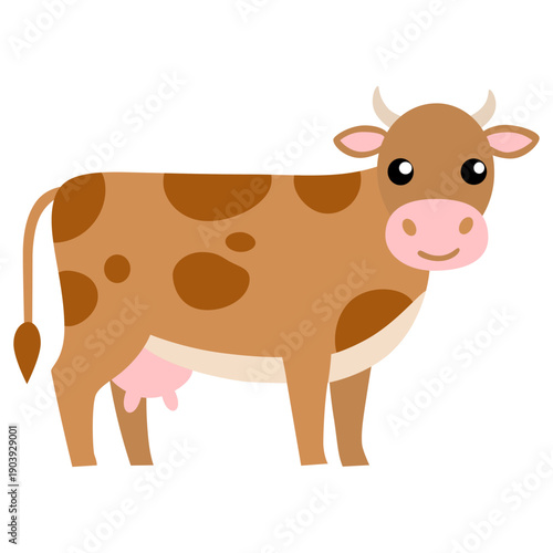 Cartoon cow with brown spots and big eyes. Adorable farm animal illustration on white background for kids and educational design, poster and postcard