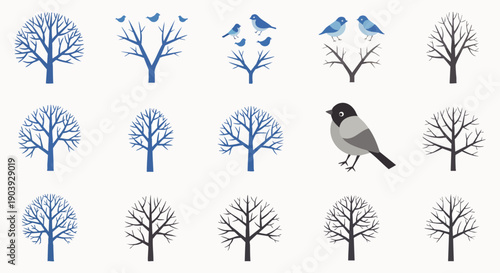 Stylized collection of bare winter trees in blue and black, with various birds including blue songbirds and a bullfinch, a versatile vector set for seasonal nature designs.