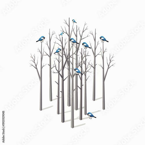 Artistic illustration featuring a group of leafless trees with small blue birds, creating a tranquil and minimalist nature scene on a clean white background.