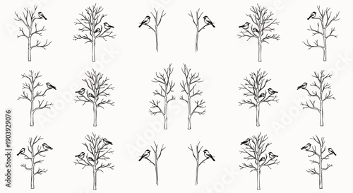Monochrome hand-drawn pattern featuring leafless winter trees and small birds, perfect for nature-themed backgrounds, textiles, and seasonal designs.