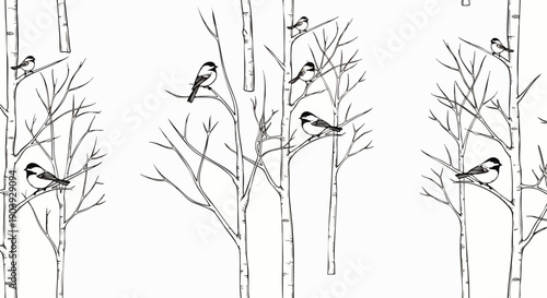 Seamless black and white illustration pattern featuring small birds perched on bare winter tree branches, elegant hand-drawn nature design for textiles and decor
