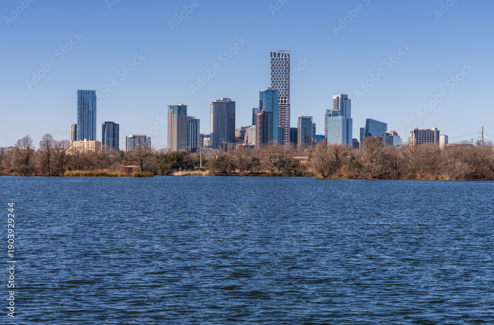 Obraz premium Aerial panoramic view along Lady Bird Lake towards downtown Austin Texas from the east with hike and bike trail
