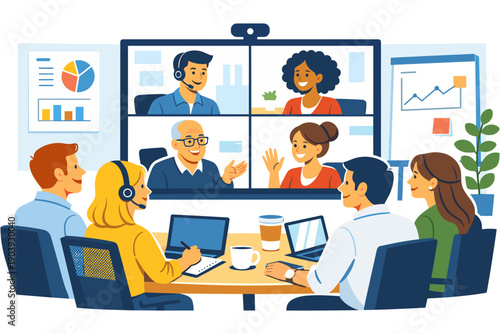 Business Video Conference Meeting with Remote Team. Modern office team participating in a video conference call. Remote work, online communication, teamwork, and digital collaboration concept.