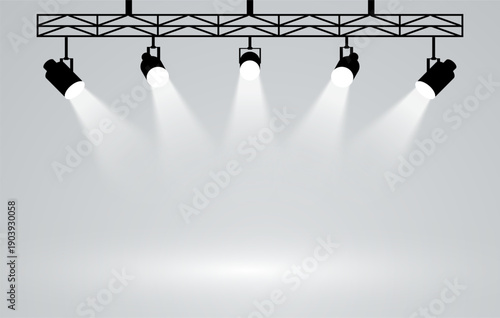 Five Studio Spotlights Shine On Show Stage. Presentation Concept.