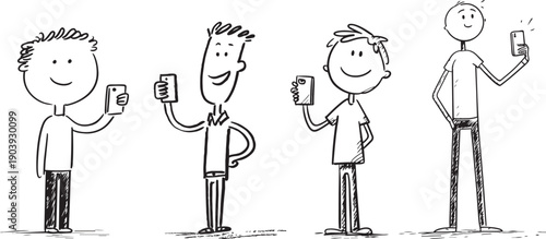 Simple black and white hand drawn stick figure characters holding smartphones, representing mobile communication and social media. Selfies