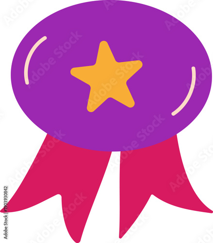 Purple award medal with gold star and pink ribbons. Flat vector icon for success and victory A simple graphic symbol of success and achievement