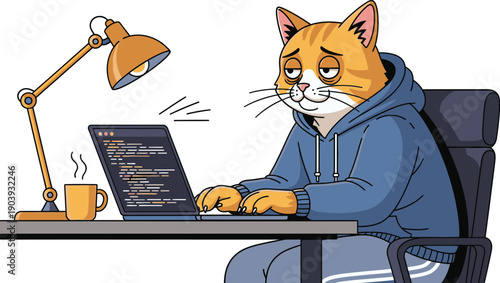 A cartoon cat wearing a blue hoodie is intensely using a laptop on a desk with a lamp and coffee cup nearby in an office setting illustration
