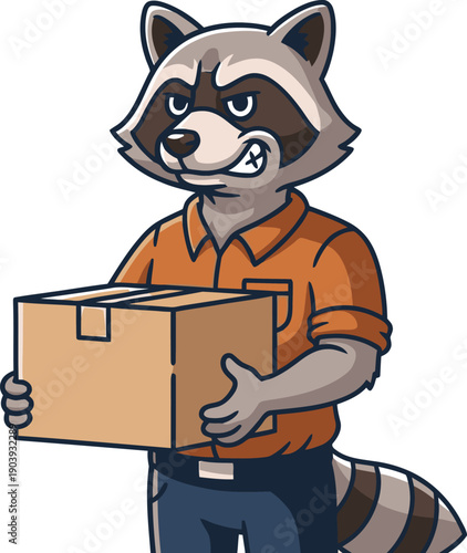 Raccoon delivery man holding cardboard box, standing alone, vector illustration