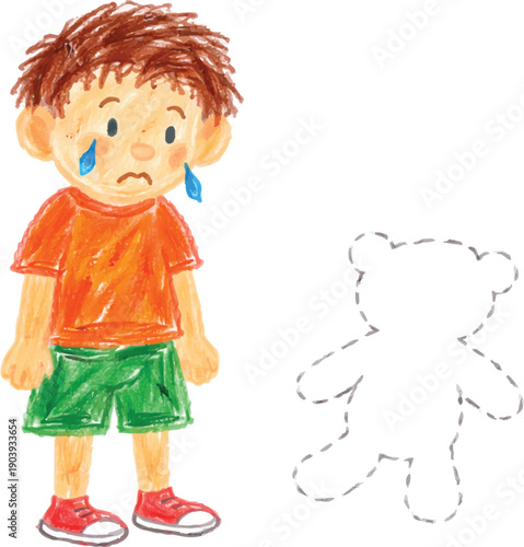 Sad child crying next to missing teddy bear showing loneliness and loss from child perspective