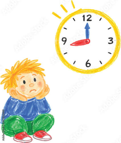 Child sitting and waiting under clock showing impatience and time pressure from child perspective