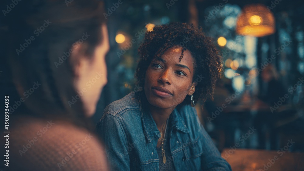 Obraz premium Thoughtful Woman in Conversation Indoors