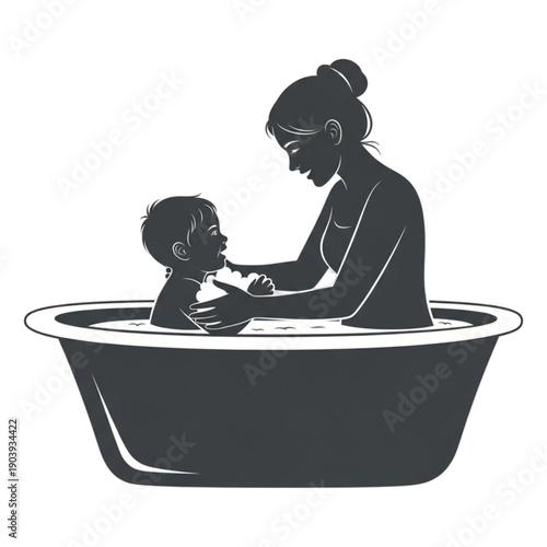 Mother bathing a small child isolated on transparent background.