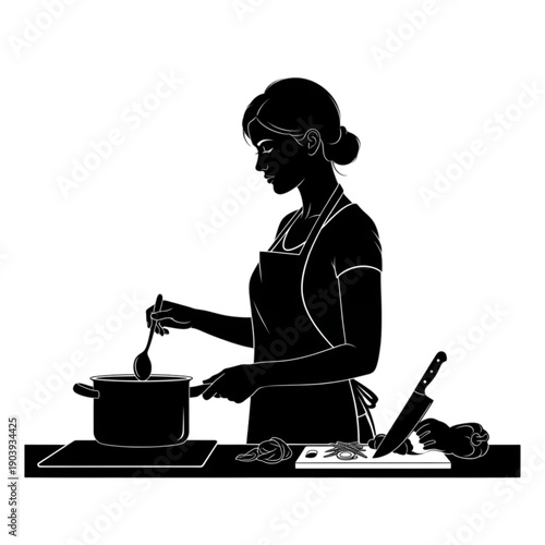 Woman cooking in the kitchen stirring isolated on transparent background.