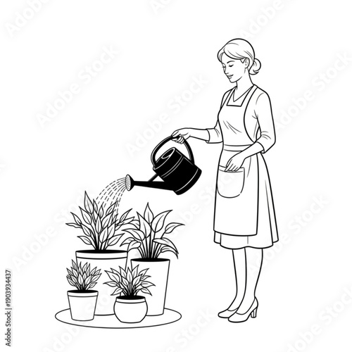 Woman watering plants with a can isolated on transparent background.