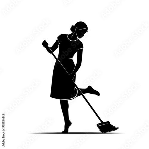 Woman sweeping with a broom isolated on transparent background.