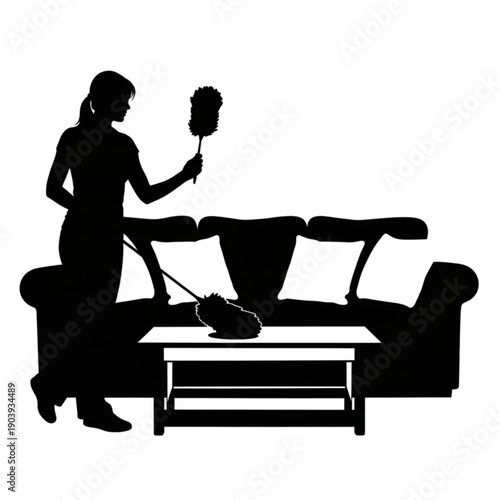 Woman cleaning with vacuum cleaner tool isolated on transparent background.
