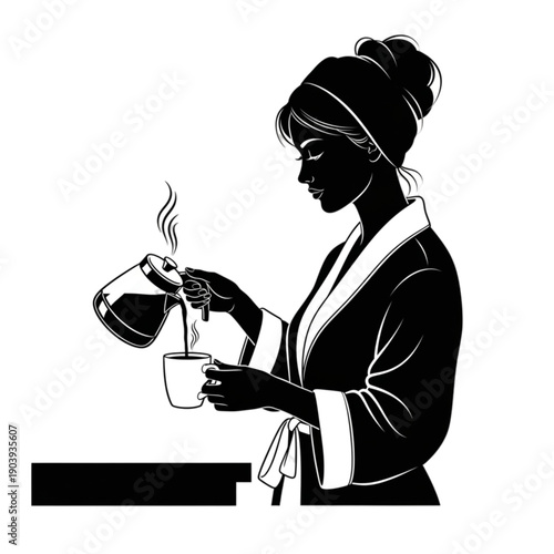 Woman in robe pouring coffee isolated on transparent background.