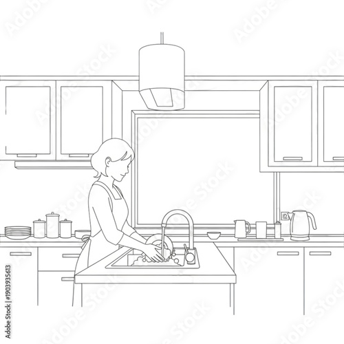 Woman washing dishes in kitchen sink isolated on transparent background.