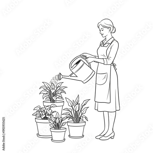 Woman watering potted house plants indoor isolated on transparent background.