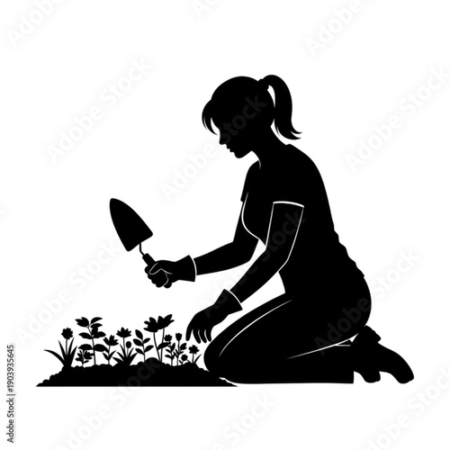 Woman Gardening with Trowel Silhouette isolated on transparent background.