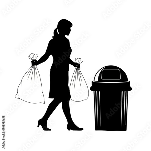 Woman carrying trash bags to dumpster isolated on transparent background.