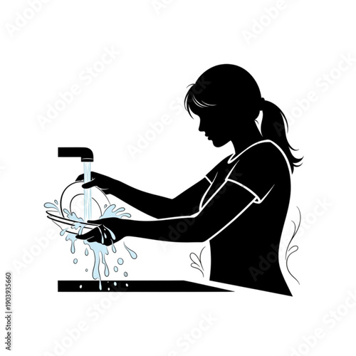 Woman washing dishes in kitchen sink isolated on transparent background.