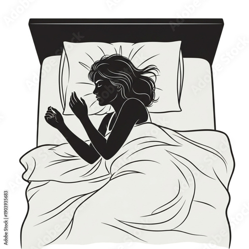 Woman lying in bed awake at night isolated on transparent background.