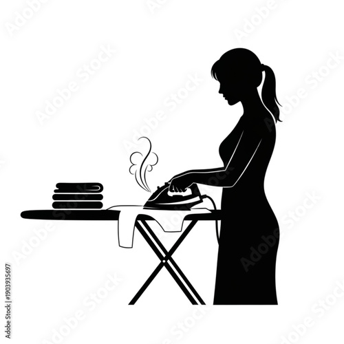 Woman ironing clothes on ironing board isolated on transparent background.