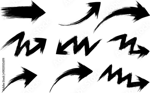 Collection of black grunge arrows pointing in various directions, painted with brush strokes on a transparent background, graphic design elements