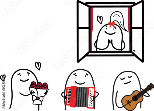 Romantic man serenading his girlfriend in minimalist doodle illustration