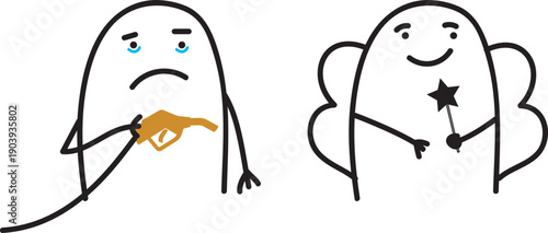 Funny minimalist doodle characters with fuel pump and fairy costume