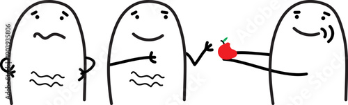 Hungry minimalist doodle characters sharing an apple