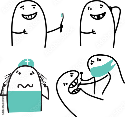 Four funny minimalist doodle dentist scenes with brushing, tooth loss and fillings