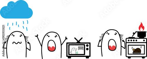 Three funny minimalist doodle characters angry at rain, cheering goal and burned chicken