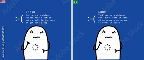 Funny minimalist doodle character frozen like a blue screen error