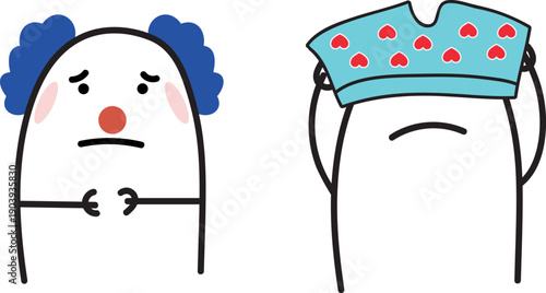 Two minimalist doodle clowns: one sad and one funny with flower on head