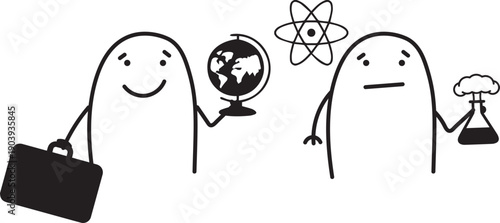 Minimalist doodle geography and chemistry teachers in classroom scenes