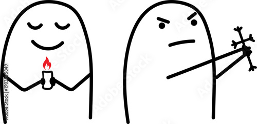 Minimalist doodle religious characters praying with candle and cross