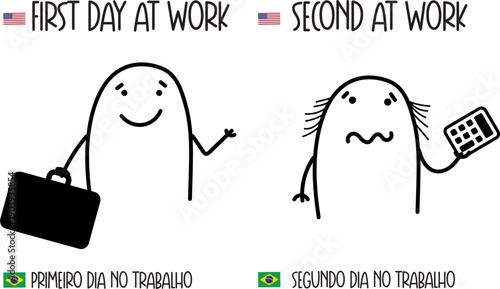 Funny minimalist doodle showing first workday happy and second desperate