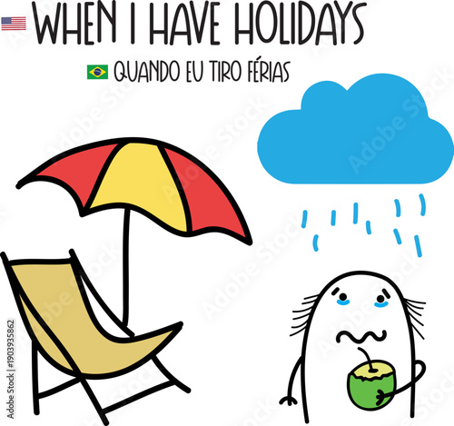 Funny minimalist doodle scene of vacation in Brazil ruined by rain