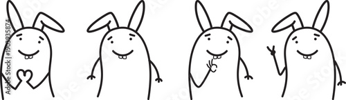 Minimalist doodle Easter bunny character in different funny situations